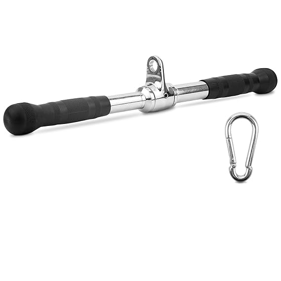 Straight Bar Cable Attachment for Gym, LAT Tricep Pull Down Bar with Rubber Handle Grip Carabiner Included