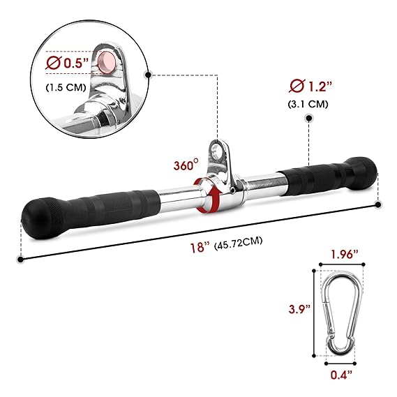 Straight Bar Cable Attachment for Gym, LAT Tricep Pull Down Bar with Rubber Handle Grip Carabiner Included