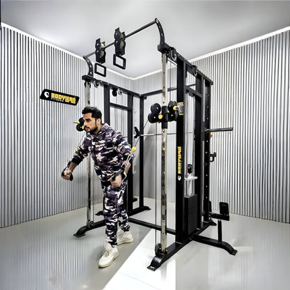 Multi Gym Functional Trainer with Smith Machine ( Iron stack ) Dual Side for Commercial Cable crossover Gym Equipment With Adjustable Pull ups / Chin up bar